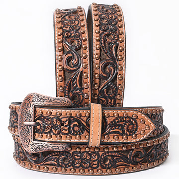 BAR H EQUINE Floral Genuine Hand Tooled Western Fashion Premium Leather Belt Brown